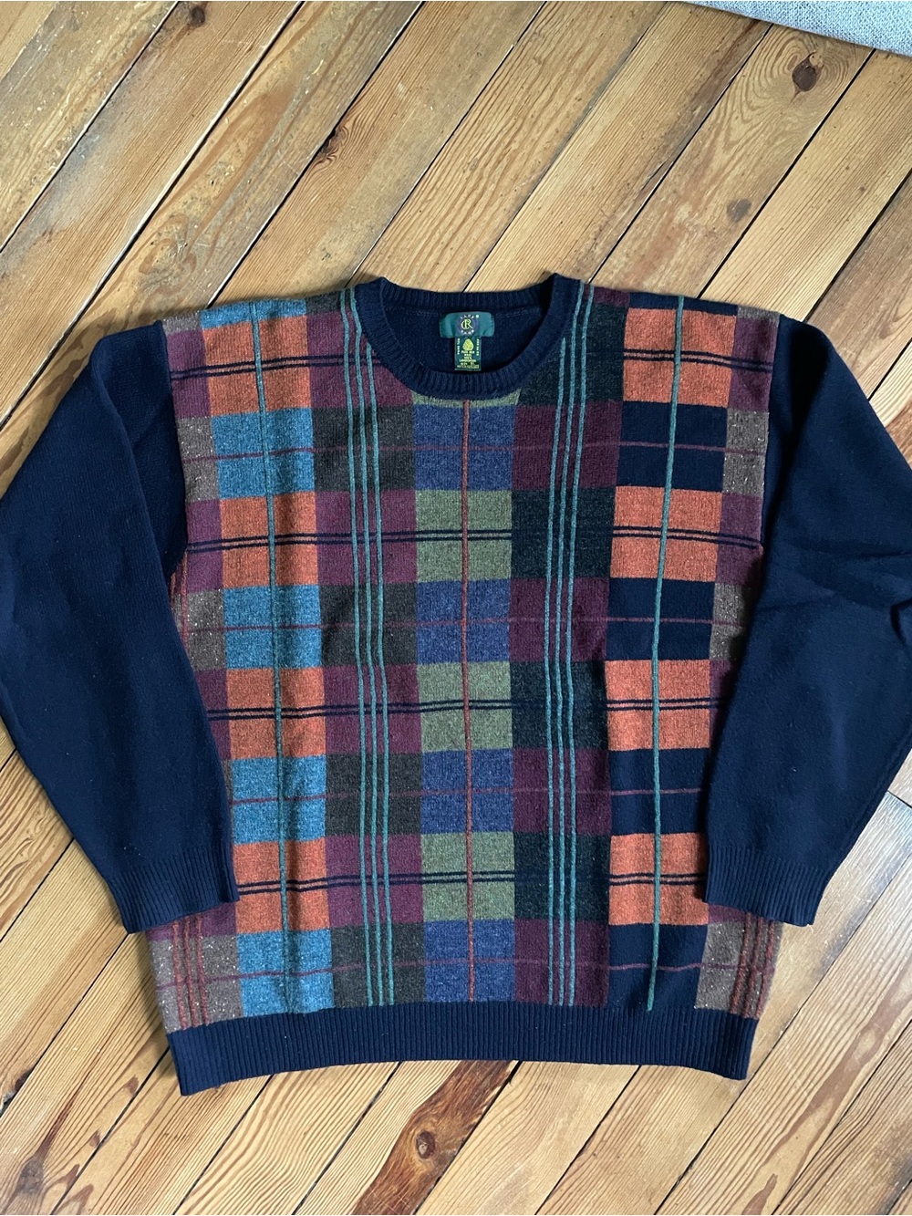 Club Room Navy Crewneck Sweater with Multicolor Plaid Front